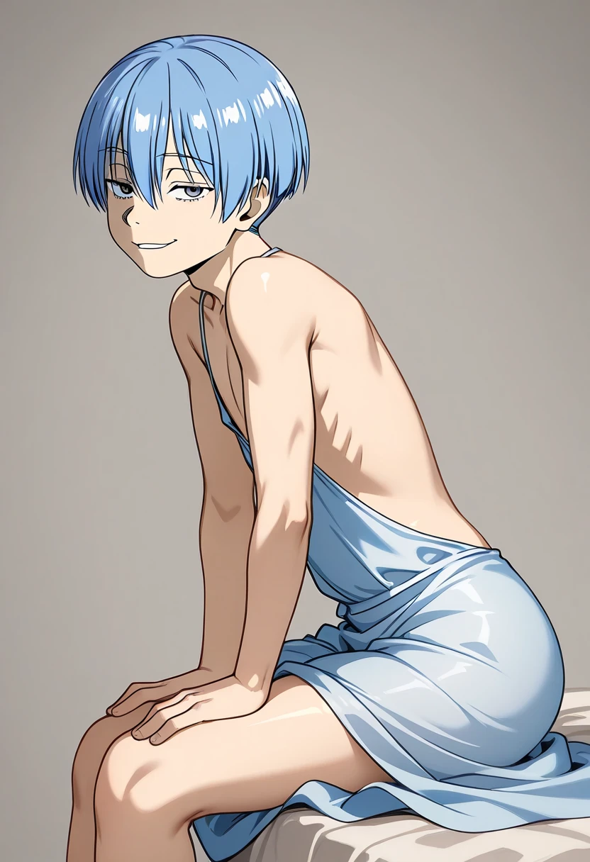 Anime boy sitting on the ground with his legs crossed, 1 boy, Khun Ran (Tower of God : New World), blue hair, blue eyes, short pants, bulge, spread legs, naked, nipples, short hair
