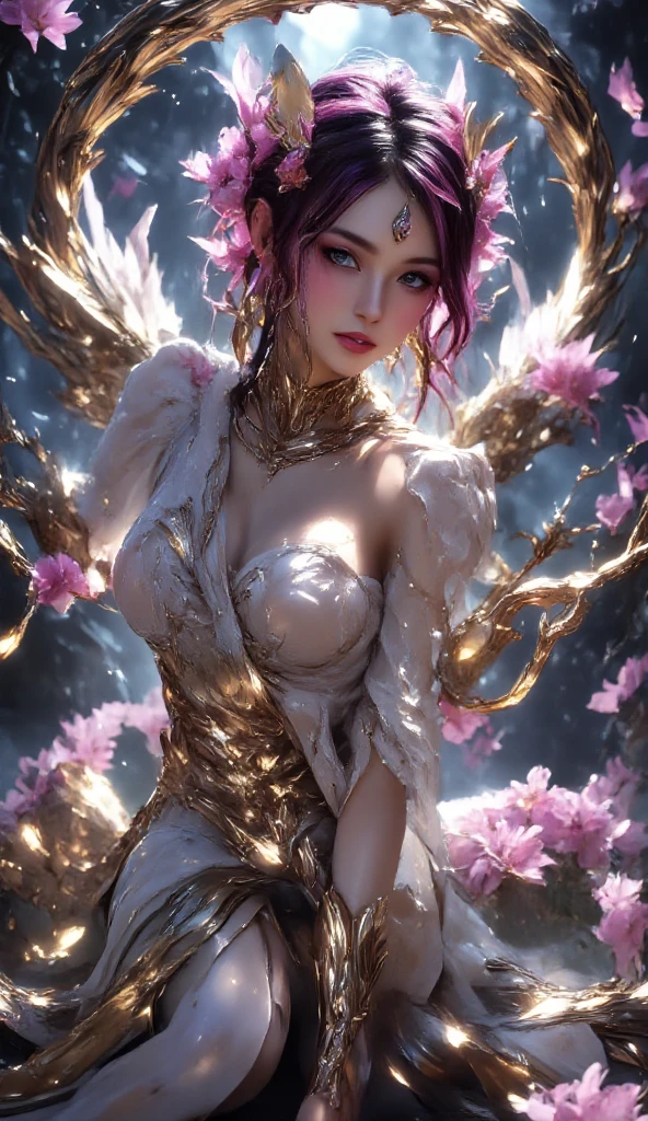 (Best Quality, 8K, Masterpiece, HDR, Soft Lighting, Picture Perfect, Realistic, Vivid), Full body photography of Fox girl in lotus pose，Red Hair, Raw, movie shot, (Sharp focus:1.5), (Reality:1.4), Dusk lighting, Volumetric Lighting, Ultra-high resolution,Dramatic Lighting, (Zentangle，Mandala，Tangle，Entanglement), Fox Demon，Fox Mask, Sexy Revealing Clothes, Bodysuit with Glitter Texture, Foxfire Curse, fox family, Transformation, Depth of Field, dreamy atmosphere, Chaos in its most beautiful form, grace, Brutalist design dark theme, Flower of Death, Flowers of ecstasy，Glowing Line,Glow Example，Tracking example，flash， Backlight，translucent，Light Particles, (Ultra High Quality Fantasy Art), Masterpiece, Female Model, Ultra High Quality Female Character Designs, Detailed 8k Anime Art, Realistic Anime Art, Highest Quality Wallpapers, Intricate Ultra High Quality Accurate Female Character Faces, High Quality Designs and Accurate Physics (Fantasy - Ultra High Quality) quality)) art), dark fantasy style), masterpieces, super high-quality characters, anime resolution - 8K, realistic anime art, wallpaper with the highest quality illustrations, ultra-high detail of faces, high-quality design and accurate physics), color, depth of field, shadows, ray tracing, high quality workmanship. -high quality and 8K resolution, (Accurate simulation of the interaction of light and materials)], [High-quality hair detail [More about beautiful and shiny red hair]], (Beautifully detailed hands [perfect fingers [Perfect nails]]], (perfect anatomy (perfect proportions)))) [[Full-length]], [Perfect combination of colors (Accurate imitation of the interaction of light and material)], [art that conveys the meaning of the story]