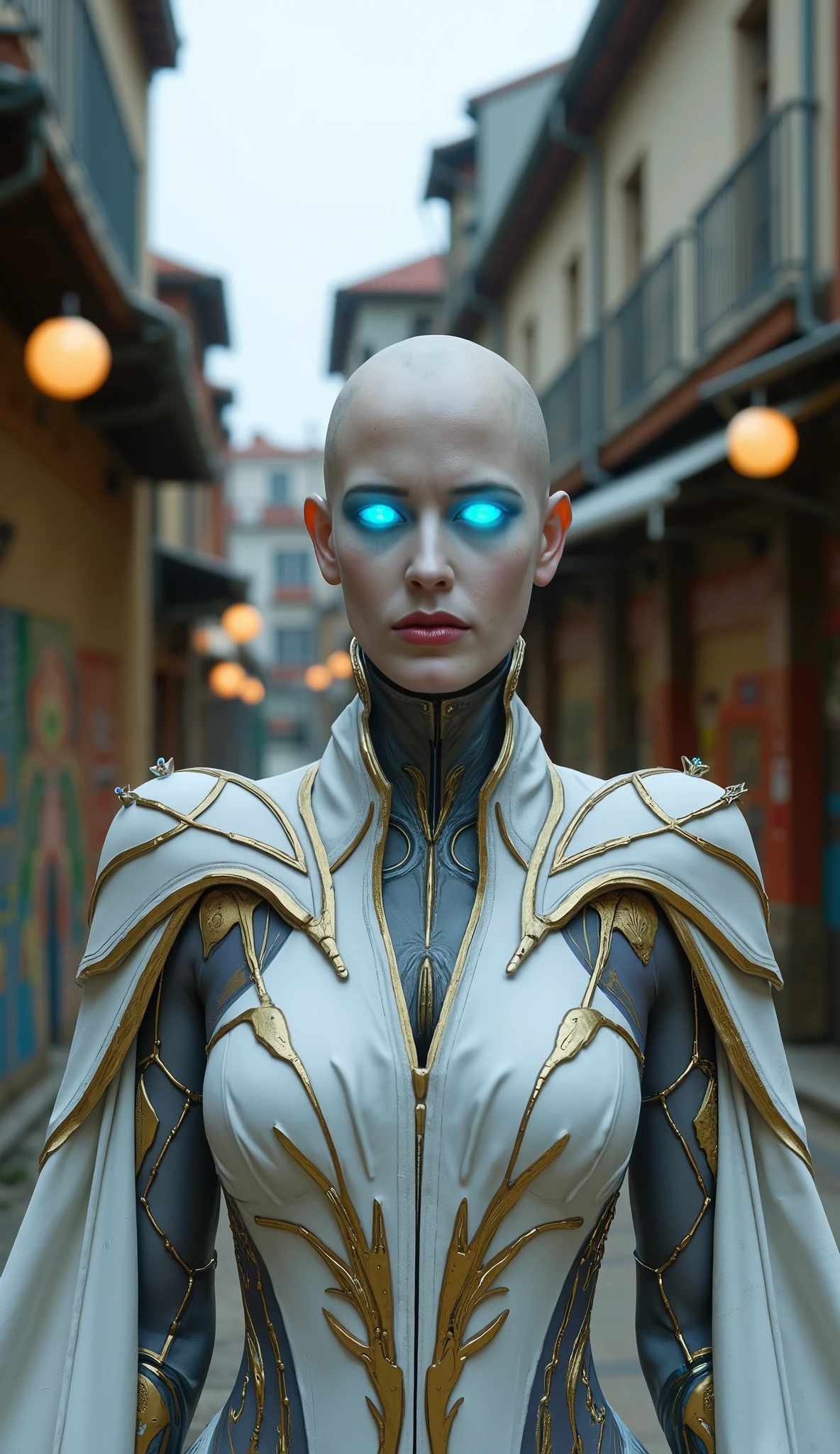 Eva Green The character in the image is a figure of appearance **Android or heavenly**, with a futuristic and enigmatic look. Ela tem **Suit**, **glowing eyes of blue light**, and it is **careca**, with an asymmetric design on the scalp, reinforcing its artificial or divine origin. Veste uma **white and silver metallic armor with gold details**, with a clean and advanced aesthetic, as if it were made of nanotechnology.
This is **Kronika**, the guardian of time in *Mortal Kombat 11*. She is a powerful entity, manipulating destiny and the timeline, with a calm presence , but absolutely threatening.
Neighborhood Street with Graffiti and Market Lights
Simple houses, walls colored by street art, threads of light hanging from the high, smell of food In the air and sounds of a living city — human, real, vibrante. At 20k depth in the hyperrealistic image