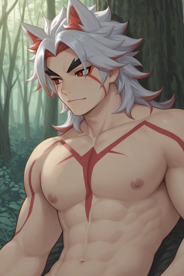 score_9, score_8_up, score_7_up, 1girl, solo, flat chest, ghislainedef, dark skin, scar, abs, white eyepatch, long hair, gray hair, white tail, red bandeau, green pants, open pants, red choker, belt, standing, shocked face, stiff hands aura, looking down, forest,