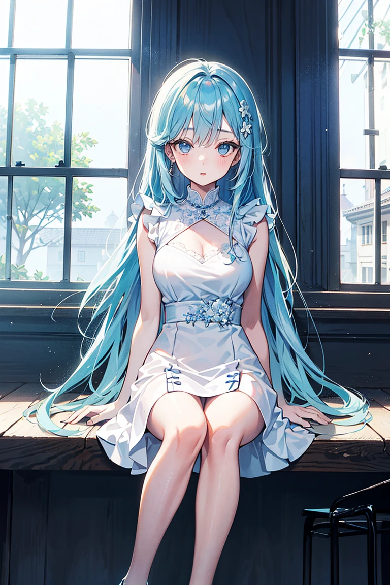 a women, blue hair, blue eyes, white dress