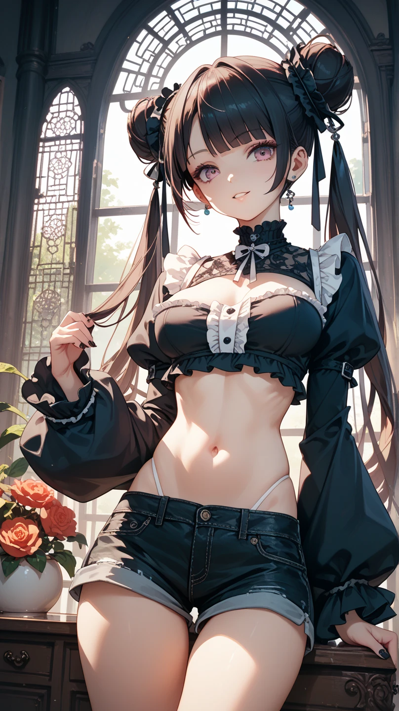 (masterpiece, Highest quality), (Ultra-high resolution, 8k RAW photos, Photorealistic:1.5, Fabric Shading, Thin contours), Beautiful mature woman preparing a tea party in the garden, (Tea set, you can, Tea cup, Some cakes on a plate), Gothic Table, (伝統的なダークブラウンのMaid clothesを着用, Maid clothes:1.2, Long Flared Skirt, apron), tall and leggy, Long white hair, Wearing borderless grass, (Mature Woman:1.5, 28 years old, alone), ( Tight waist), (Long white hair, Hair on one eye, Updo, Side Lock, Asymmetrical Hair, Wavy Hair), (Bright Eyes, Fine grain, A face with attention to detail, perfect face shape, Bloodshot eyes), (A seductive smile, Half-close your eyes), (Looking at the audience:1.3), (Dynamic Angle, Thigh focus, From side to bottom:1.2), ((Correct ???????:1.5, The right move)), (Ideal body proportions), Outdoor, Glass Garden, ((Garter Stockings))((black thong))