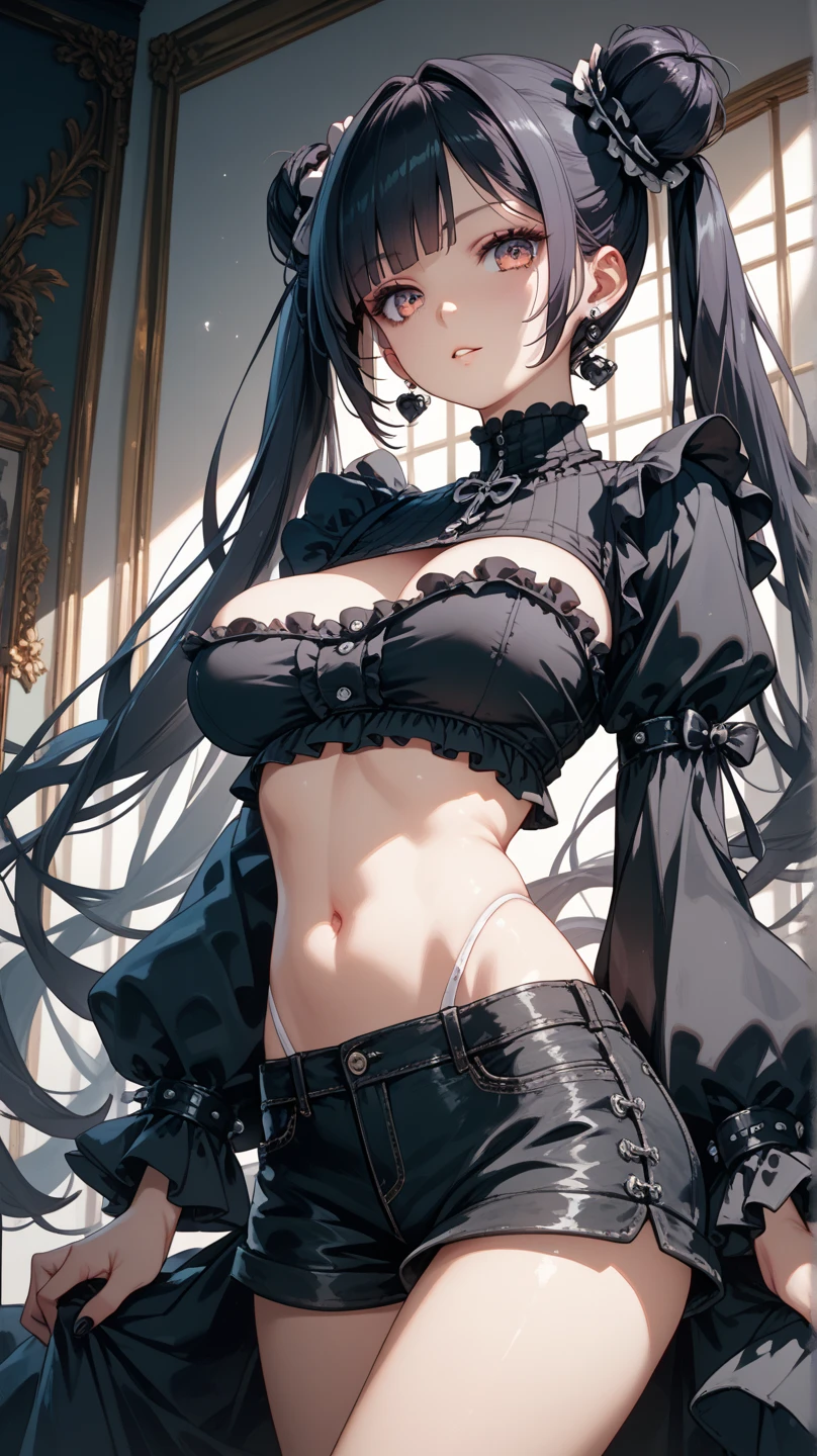 expressive eyes, perfect face, evil face, crazy smile, perfect hands, demonic deity, very huge , cleavage, shiny leather corset, fabric lace, choker, very short tight skirt, panties, stockings, long high twintails, incredible details, wallpaper art, full body art, solo, fire cave mine background,
