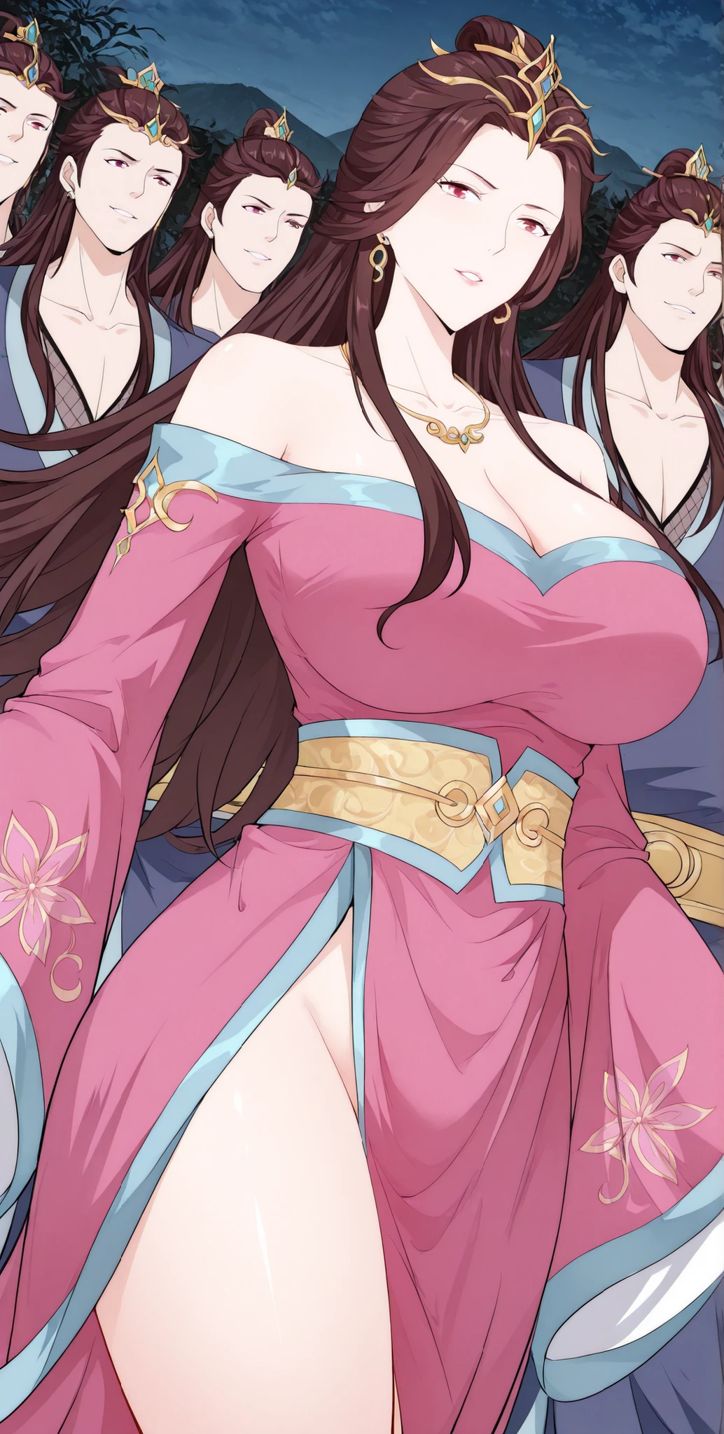 woman, 1girl, Shanwuyan, 1 girl, solo, long hair, brown hair, slightly wavy hair, hair down, center hair part, red eyes,
traditional chinese dress, off-shoulder dress, wide sleeves, layered sleeves, floral pattern, pink dress, blue trim, yellow sash, hair ornament, gold crown, golden jewelry, ornamental necklace, earrings, elegant dress, chinese fantasy style, bare shoulders, collarbone,,only jewellery on body, large breasts,milf woman, masterpiece, best quality, amazing quality, detailed background, ultra detailed, best illustration, very detailed eyes, very detailed face, mountain, bare thighs, no underwear, motion lines, manhua style cutout, bearded man with long hair, ugly fat man, slutty expression, sexy look,horny face,, standing, front view, surrounded by ninja group , in night, fat old man in background, long figure, lower angle, milf woman, mature woman, mature milf woman, huge breasts, tight leather suit, revealing suit, skin tight body suit, cutout in suit, fishnet bodysuit, tight leather suit,
