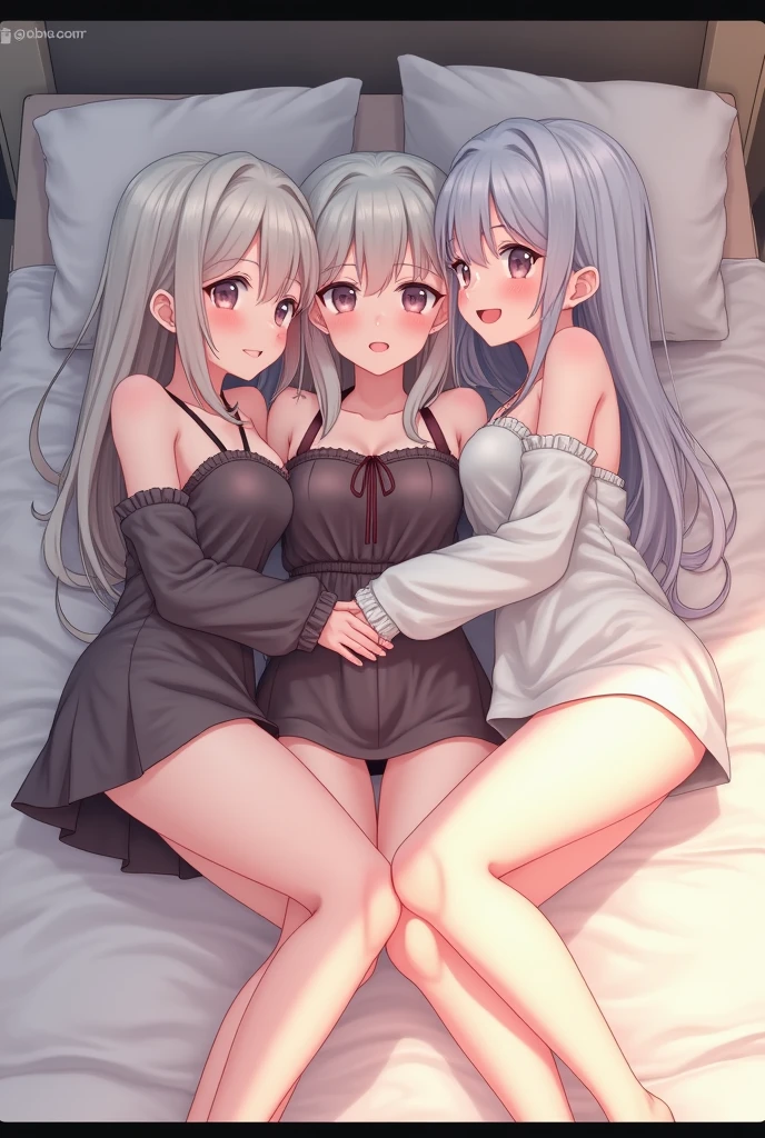 NSFW,(4k),(multiple girls),(cute:1.3),chubby mature females,slender young girls,huge footers,softy saggy breasts,large areola,dark nipples,hairy pussy,pubic hair,clitoris,dark labia:1.2,(girls are lying on the bed,spreading legs),(after sex,cumdrip,semen),((nude)),dark brown hair,light brown hair,bangs,forehead,(embarrassed:1.5,blush:1.3,steam:0.4,sweat:0.4,feeling weak:1.3,parted lips),(puffy eyes),(masterpiece:1.2,best quality:1.2),delicate illustration,ultra-detailed,bedroom,detailed background,(full body,distant view),looking at viewer,ikuta,girl,more_details:0.5,harem