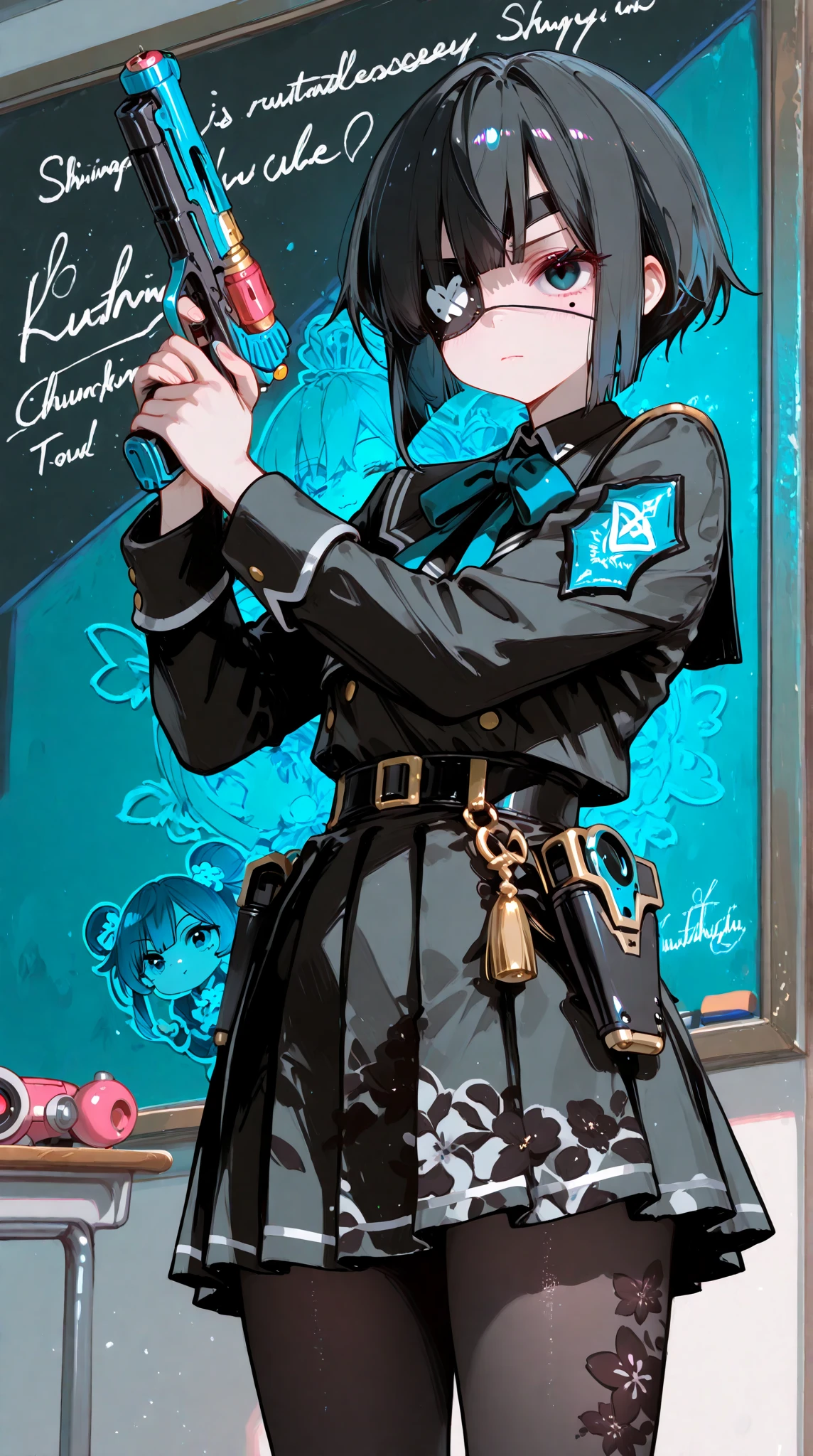 masterpiece, (check_9, check_8_up, check_7_up), 1 girl, Iroha_\(blue_archive\), 1 girl, black hair, (short hair), blue eyes, inexpressive, long_sleeves, ahoge, Red tie, black shirt, red armband, collared shirt, blue halo, black skirt, black raincoat, upper body, portrait, hands at sides, head tilt, White background, masterpiece, Best quality, emotionless, poker face 