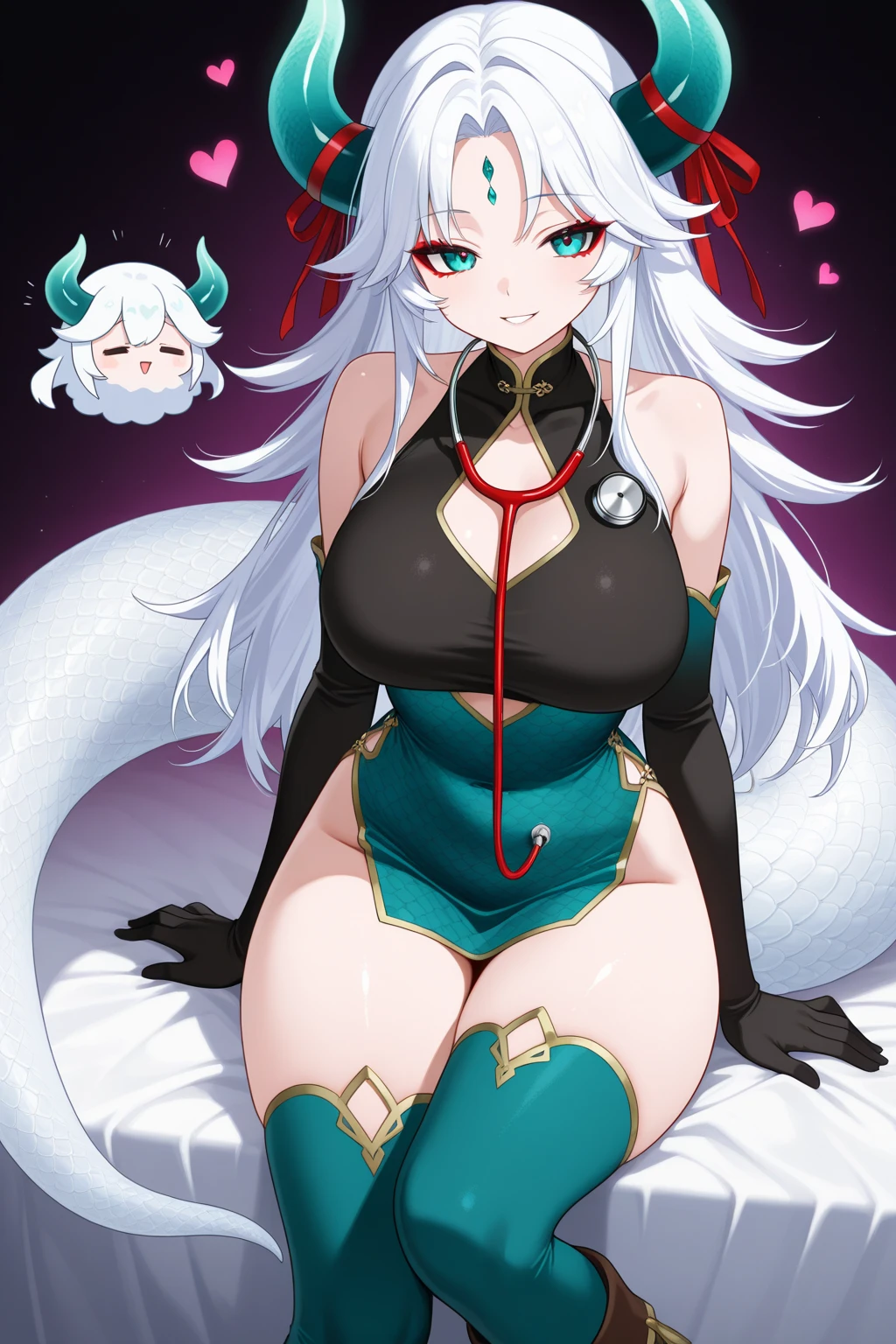 (Alone) Lamia female den, long spongy fur, spongy fur, Lamia, (large and firm breasts:1.5), attractive,nurse dress, lamia body, lamia glue, Thick, parts, parts on face, cocky eyes, (happy expression , moan with mouth open and tongue out), she is standing, violet background, simple background, (Muslos Thicks:1.9) (low angle view)