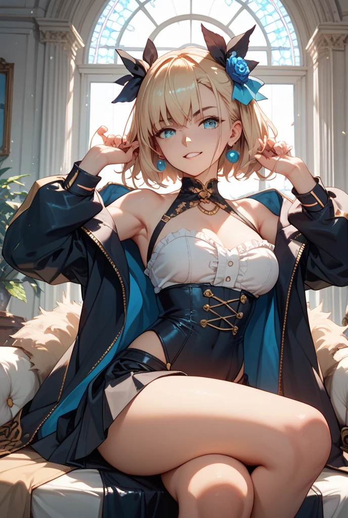 (masterpiece), best quality, expressive eyes, perfect face, Sexy female, (((bimbo))), blonde hair, green eyes, huge breasts, huge butt, full body, seductive, horny, lesbian, (1girl), (white mini jacket), (black mini dress), gold bracelets, black choker, gold hoop earrings, black belt with gold buckle, black high heels, (salon background), plump lips, pink lipstick