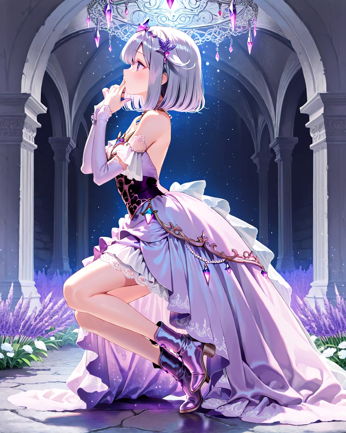 1girl,masterclass,best quality,ultra-detailed,illustration,outdoors,cowboy shot,petite,unicorn_(a_dream_of_pure_vows)_(azur_lane),wedding dress,off-shoulder_dress,dress_bow,white_choker,white_dress,white_pantyhose,strapless_dress,black_bow,dress_bow,one_side_up,single_side_bun,hair_bun,single_hair_bun,detached_sleeves,frilled_choker,arms behind head,<lora:UnicornV2:1>,