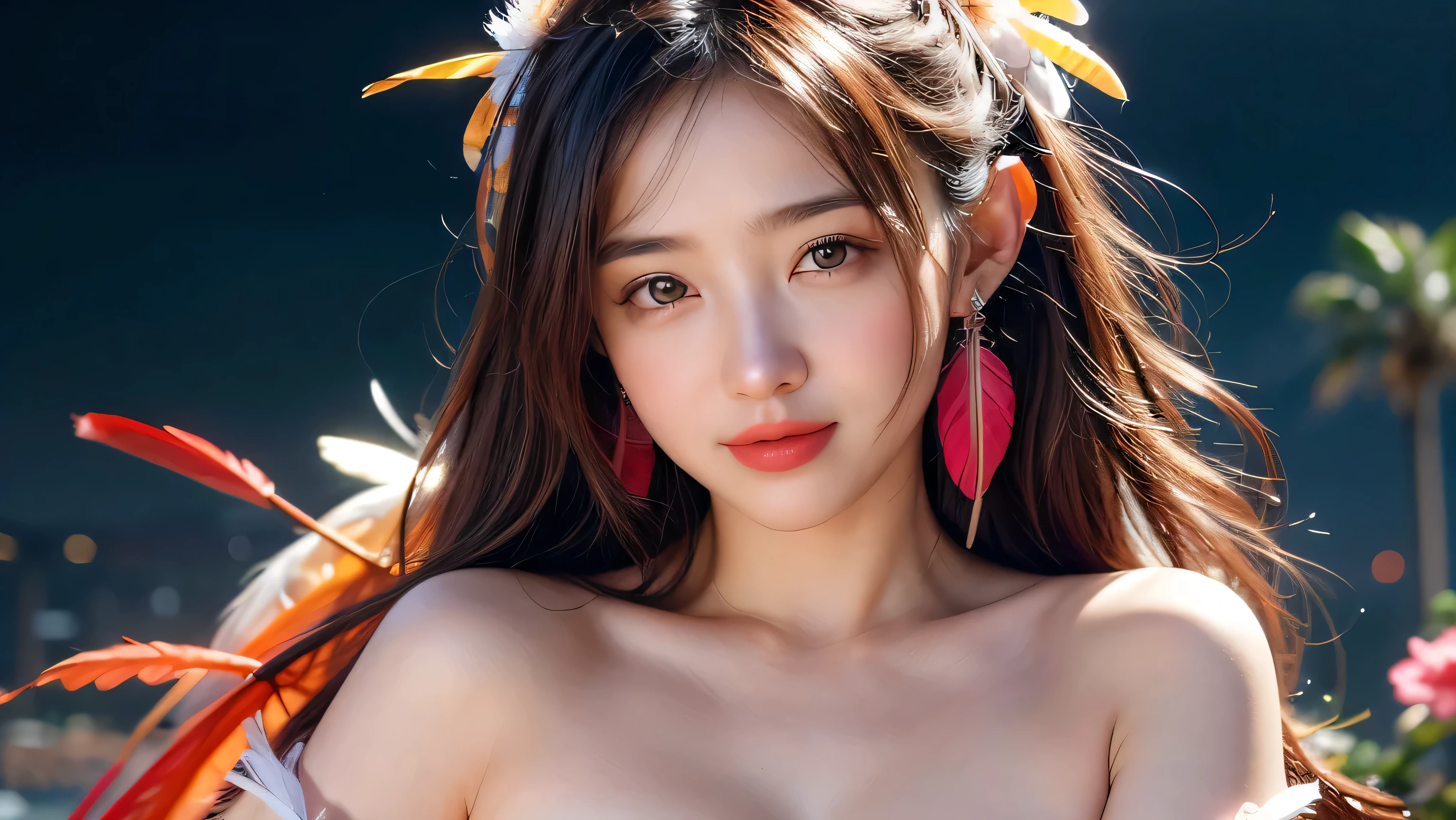 A girl, large bare breasts, shapeless hair, colored feathers, metal ornaments, colored flowers, particles, light rays, (cowboy shot), (masterpiece, top quality, best quality, official art, beautiful and aesthetic:1.2), (1girl:1.3), extremely detailed,(fractal art:1.1),(colorful:1.1)(flowers:1.3),highest detailed,(zentangle:1.2), (dynamic pose), (abstract background:1.3), (shiny skin), (many colors :1.4), ,(earrings:1.4), (feathers:1.4)