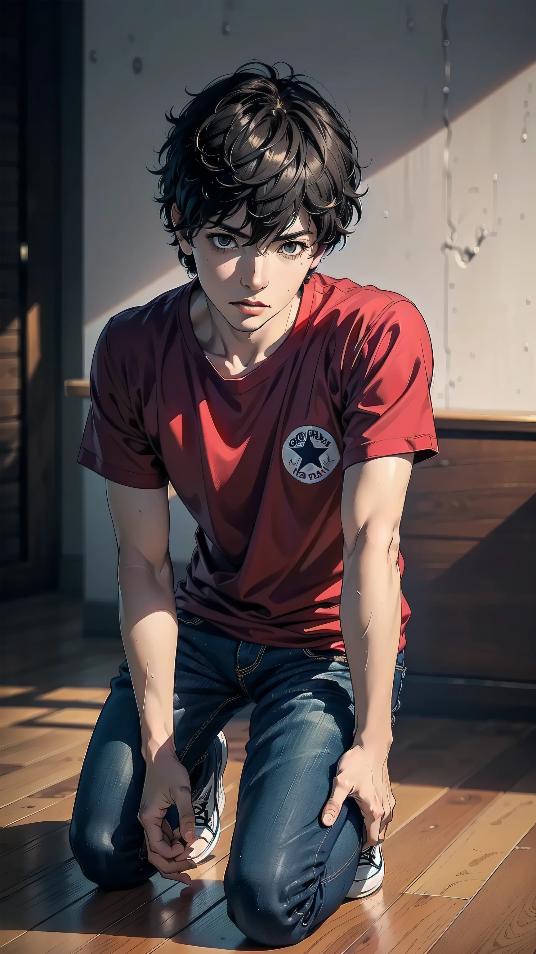 masterpiece, best quality, 1boy, solo, Amamiya Ren, ((red shirt and jeans)), ((converse)), ((top quality, ultra-detailed, high resolution, extremely detailed CG, unity 8k wallpaper, Makoto Shinkai style, by famous artist, perfect anatomy, super detailed skin, cinematic lighting, UHD, retina, anatomically correct, 1080P)), (Please draw a single one boy kneeling without background:1.3), ((1boy)), (Solo, face,:2.0), a high school student, ((full dark brown hair)) Full limbs, complete fingers, ((perfect fingers, perfect arms)), masculine, manly, small, Beautiful detailed full dark brown eyes, perfect eyes, ((The background is totally black, without any element, as a photography study)), kneeling, single guy (one guy), full body shot. ((close view)), ((kneeling on the floor:1.5))