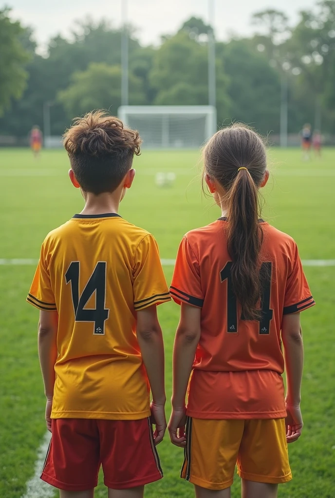 A boy with curly hair, 7 feet tall and fair skin who's a footballer wearing no.07 jersey facing behind With his sister who is 6 feet tall, wavy hair and light brown skin who's a Indian soldier , (girl in long pants, soldier's uniform look and boy in proper football wear) both of same age around 20