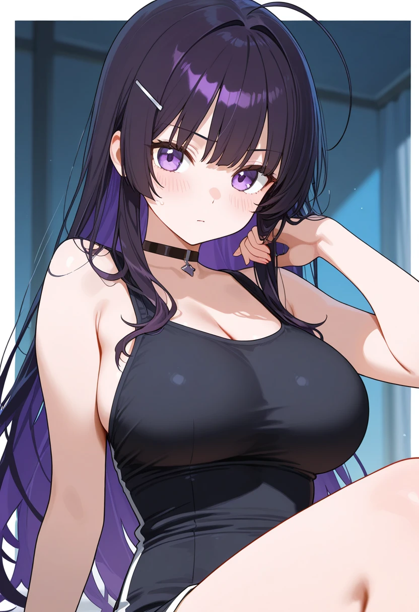 Purple hair, long hair, red eyes, beautiful and well-shaped face, big breasts, firm body, big butt, thick thighs, wide open thighs, crouching, vertical gray vertical sweater, purple pants, (Lower body naked),