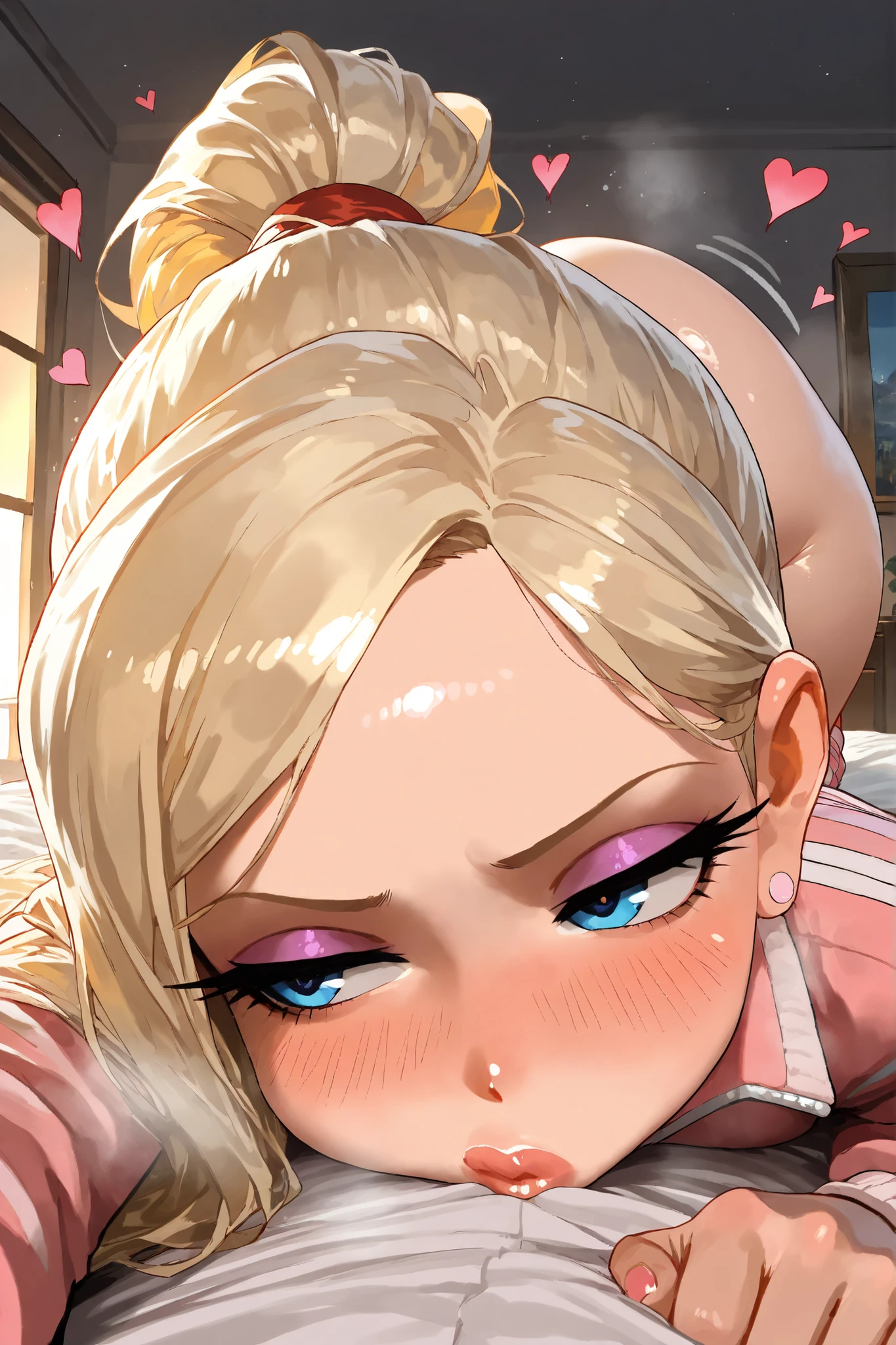 ExpressiveH, pkasura, mature woman, milf, extremely gorgeous mature woman, highly detailed face, detailed eyes, smooth and soft skin, silky hair, clean and immaculate skin, cute blush, blushing, makeup, 1girl, Courtney Babcock, 1girl, blonde hair, blue eyes, pink tracksuit , gigantic ass, Massive thighs, wide side thighs, big legs, plump legs, bottomheavy , (obra maestra, altamente detallado, la mejor calidad, 8k) , seductive look, seductive eyes, big eyes, half-closed eyes , long eyelashes, big lips, heart shaped lips , steamy air. , Extremely detailed background, bedroom, sunset, low ilumination, dim lighting, score_9, score_8_up, score_7_up, score_6_up, (masterpiece, best quality, vibrant, very aesthetic, high contrast, semrealistic, semirealistic , highly detailed , newest,) . Laying on the bed, upper view, pov, blush, intense blush, shiny eyes, shy, pouting, looking away, hyper detailed face,
