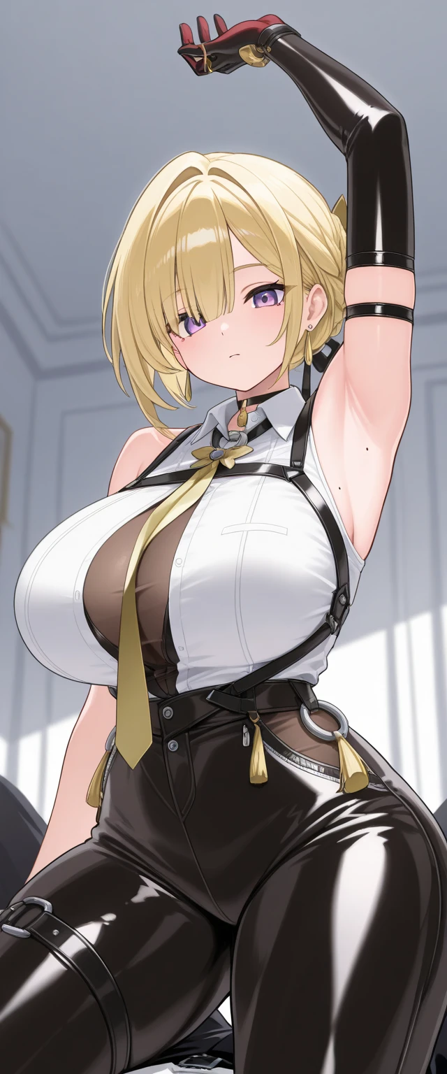 score_9, score_8_up, score_7_up, score_6_up, score_5_up, score_4_up, source_anime, BREAK, seras victoria, hellsing, looking at viewer, pointing at viewer, pointing, holding laugh, giggle,, face closeup, closeup,  pointing at viewer, humiliation, blonde hair, dark blonde hair, indoors, castle, purple eyes, shy, smug, closed mouth, large breasts, nipple pasties, bunny ears, fake bunny ears, latex