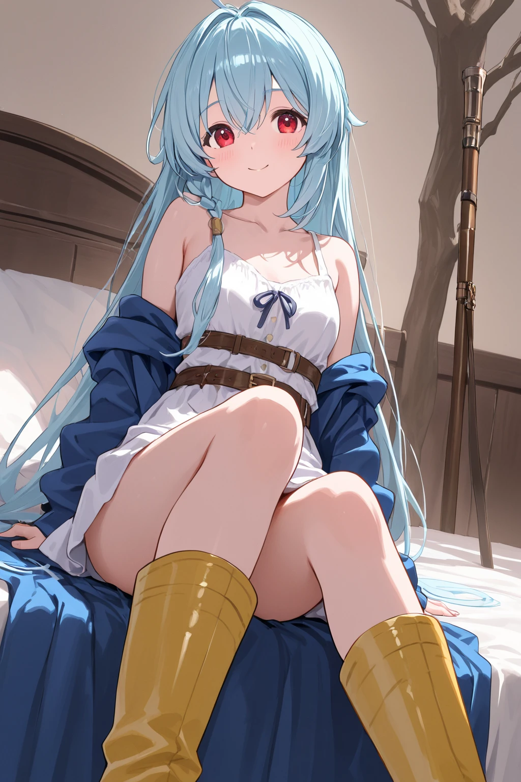 tomoe, aqua hair, long hair, ponytail, red scarf, hair between eyes, huge breasts, 1girl, solo, high_heels, sitting, dress, very_long_hair, shoes, jewelry, bare_shoulders, frills, choker, breasts, earrings, full_body, necklace, "glow effects, godrays, Hand drawn, render, 8k, octane render, cinema 4d, blender, dark, atmospheric 4k ultra detailed, cinematic, Sharp focus, big depth of field, Masterpiece, colors, 3d octane render, 4k, concept art, trending on artstation, hyperrealistic, Vivid colors, extremely detailed CG unity 8k wallpaper, trending on CGSociety, Intricate, High Detail, dramatic", (shaded face:1.2), hollow eyes, red eyes, looking at viewer, seductive smile, glowing eyes,
