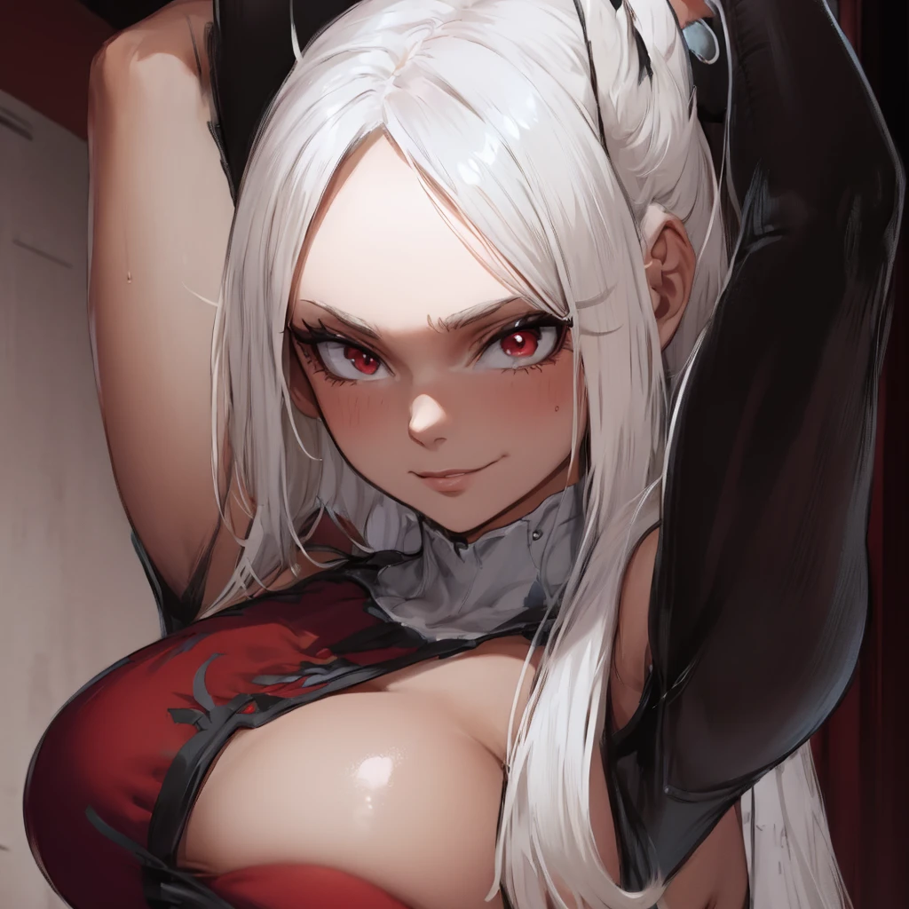 Busty anime girl with arms crossed under her breasts with crazy face and white hair