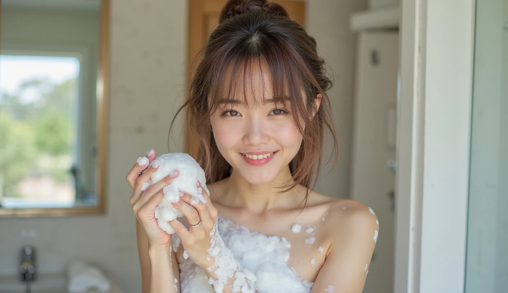 close your eyes):2.0, (open your mouthち):1.5 real number、8-year-old、RAW photo、(Masseter muscle part)、(highest quality)、High resolution、((Photographed from a side angle:1.4))、(look up))(with a girl)、many milk droplets around the mouth、(((girl with layered haircut:1.4)))、((full nude:1.4))、(realistic、Photoreal:1.2), Upper body、sleeveless、skinny、14 years、、((smile:1.4))、(hotel shower room)、look up at the ceiling、open your mouth、((Sucking a man's dick:1.4))、((accurate penis、accurate glans penis:1.4))、Shout、background blur