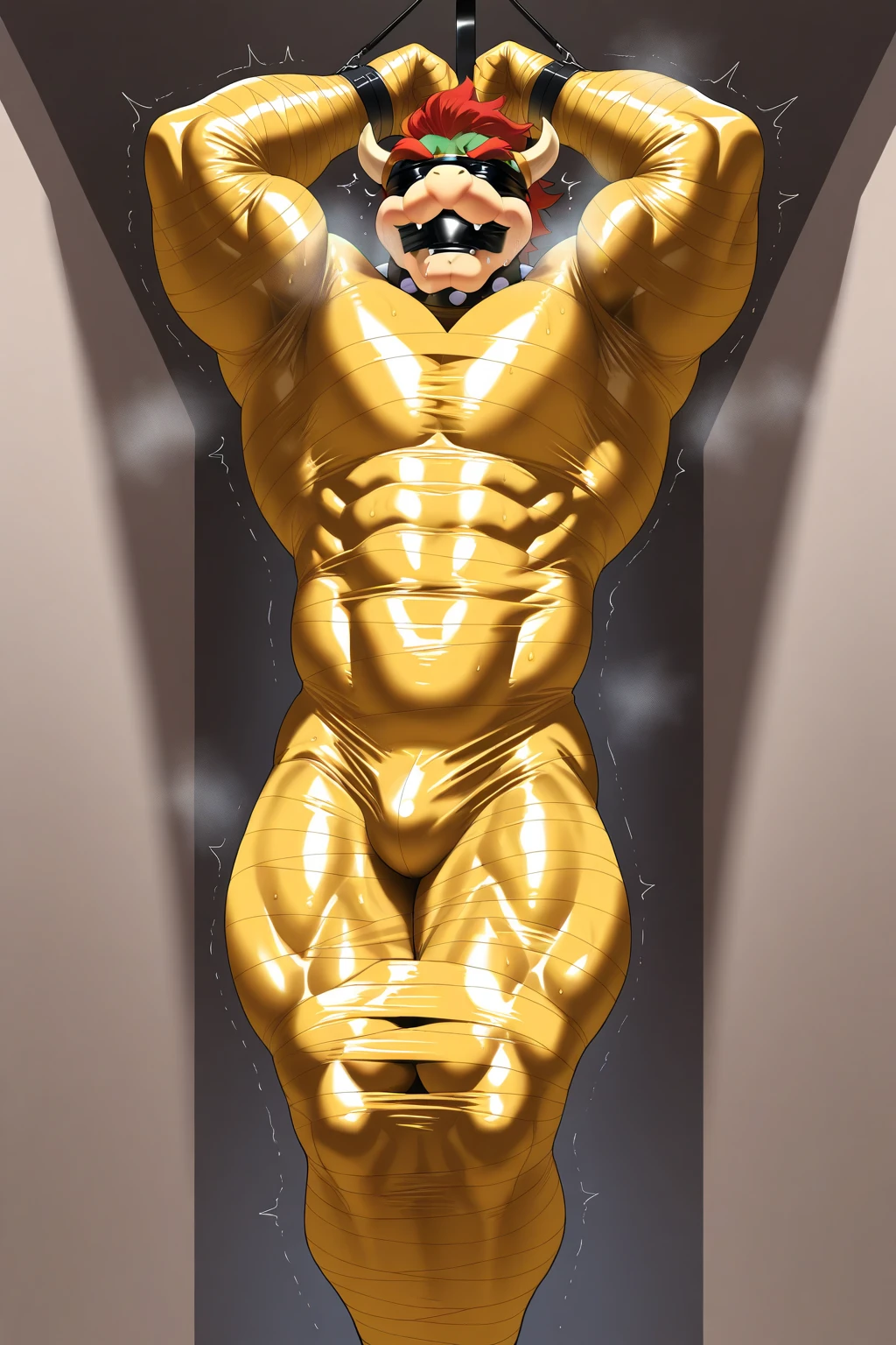 a chinese bodybuilder,30 years old,Tall and handsome, toned body,short hair, O-shaped beard,Perfect body, Dark and shiny complexion,smooth skin,The body is hairless,Muscle bulge, muscular, Very big pecs,Very sexy abs,Leg muscles are very developed,Huge bumpy area,Brighten oily skin,Wearing a gold leather shiny thong,Handsome face, Correct and accurate male body proportions, full-body shot, shiny muscular skin,background (underwater, coral, marine life), ((Breaststroke pose)) ,prospect (bubble, marine life)