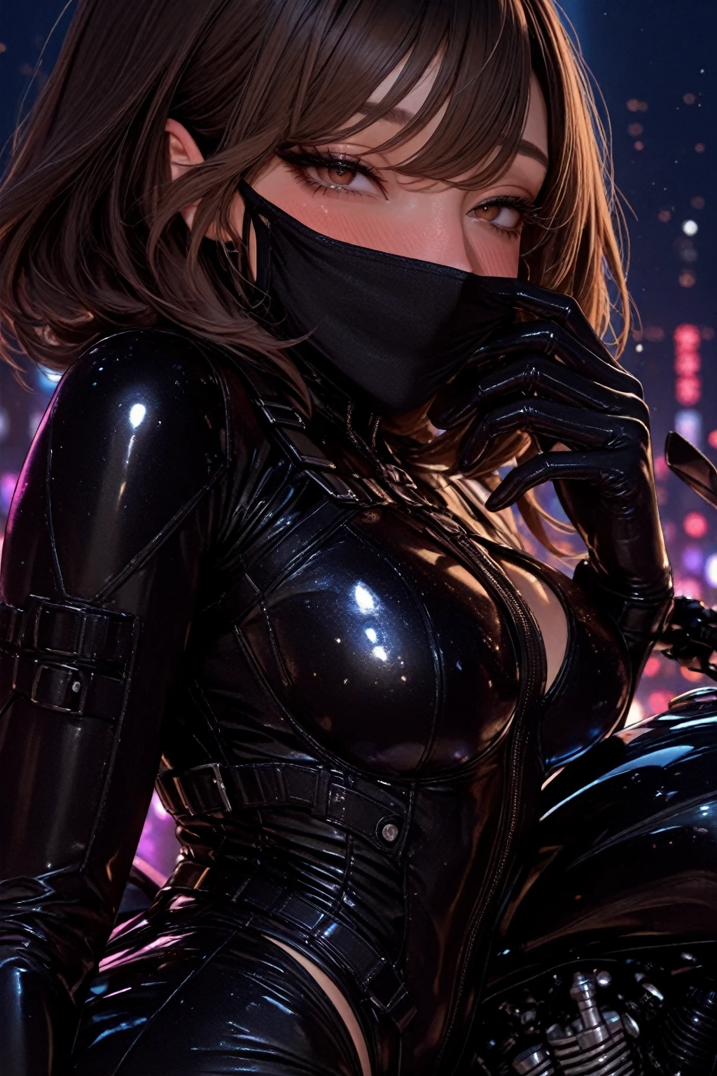 (masterpiece), (extremely intricate:1.4), (realistic), female woman, ((([small breasts:large breasts:0.1], red lips), matte black carbonfiber bodysuit, black superhero mask, blue eyes)), metal reflections, upper body, outdoors, rooftop, intense sunlight, far away city skyline, professional photograph of a stunning woman detailed, sharp focus, dramatic, award winning, cinematic lighting, volumetrics dtx, (film grain, blurry background, blurry foreground, bokeh, depth of field, sunset, interaction), 8K
