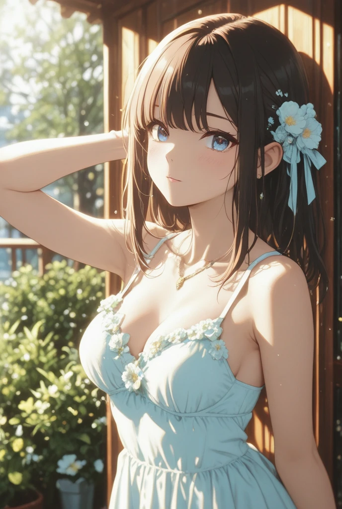 (best quality,ultra-detailed,realistic:1.37),vivid colors,studio lighting,happy and positive expression,in a blooming flower garden,with sunlight shining through the leaves,peaceful background,lush greenery,silky smooth skin,rosy cheeks,sparkling blue eyes,delicate facial features,elegant dress,flowing in the breeze,feminine charm,gentle personality,dainty hands,holding a bouquet of colorful flowers,playful butterflies dancing around her,subtle fragrance in the air,crisp and clear sky,subtle hints of a gentle summer breeze.