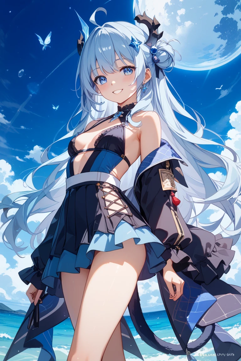 Highest quality, (squat),(Spread your legs),(cum on cloth),,A seductive smile, Place your arms behind your head,Low - Angle,(Photographed from the front), lh1, hair ornamnet, long hair, long sleeves, pleated skirt, blue thighhighs, 手链, frilled skirt, white jacket, white shirt, blue skirt, thigh strap,Black Panties,Showing panties,Long legs,Facing forward,(Anatomically correct), Plump thighs,Bedroom