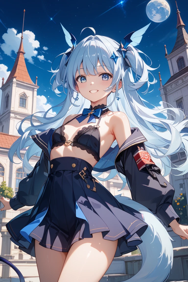 Roxymigurdia, Roxy, Ahoge, black ribbon, blue eyes, blue hair, short braided hair,hair between eyes, hair ribbon, long hair, blush,embarrassing,smile,(Bunny girl:1.5),(White Playboy Bunny:1.0),black pantyhose,stiletto heels,have a magic wand,
break looking at viewer,
break outdoors, city,
break (masterpiece:1.2), highest quality, High resolution, unity 8k wallpaper, (figure:0.8), (detailed and beautiful eyes:1.6), highly detailed face, perfect lighting, Very detailed CG, (perfect hands, perfect anatomy),