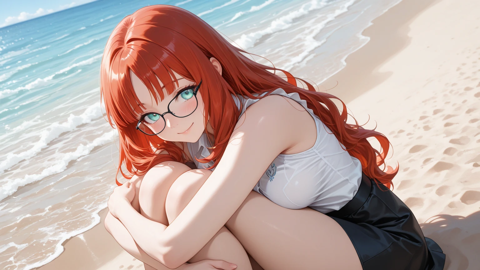 1girl, cabello mediano, gafas, Collar de marinero, Mountains, Kali, swimsuit,  lentes
