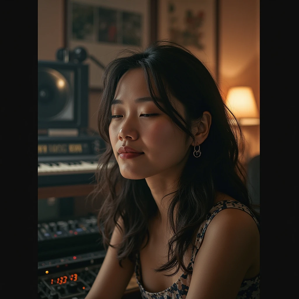 Beautiful Korean woman is in a music studio, has thick wavy hair, sits casually, very beautiful. A radio announcer , Having a big chest, a slightly curvy body