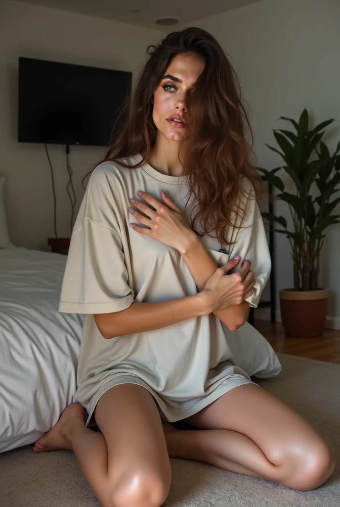 photorealistic, woman, brunette, oversized t-shirt, sleeping, no panties, vagina