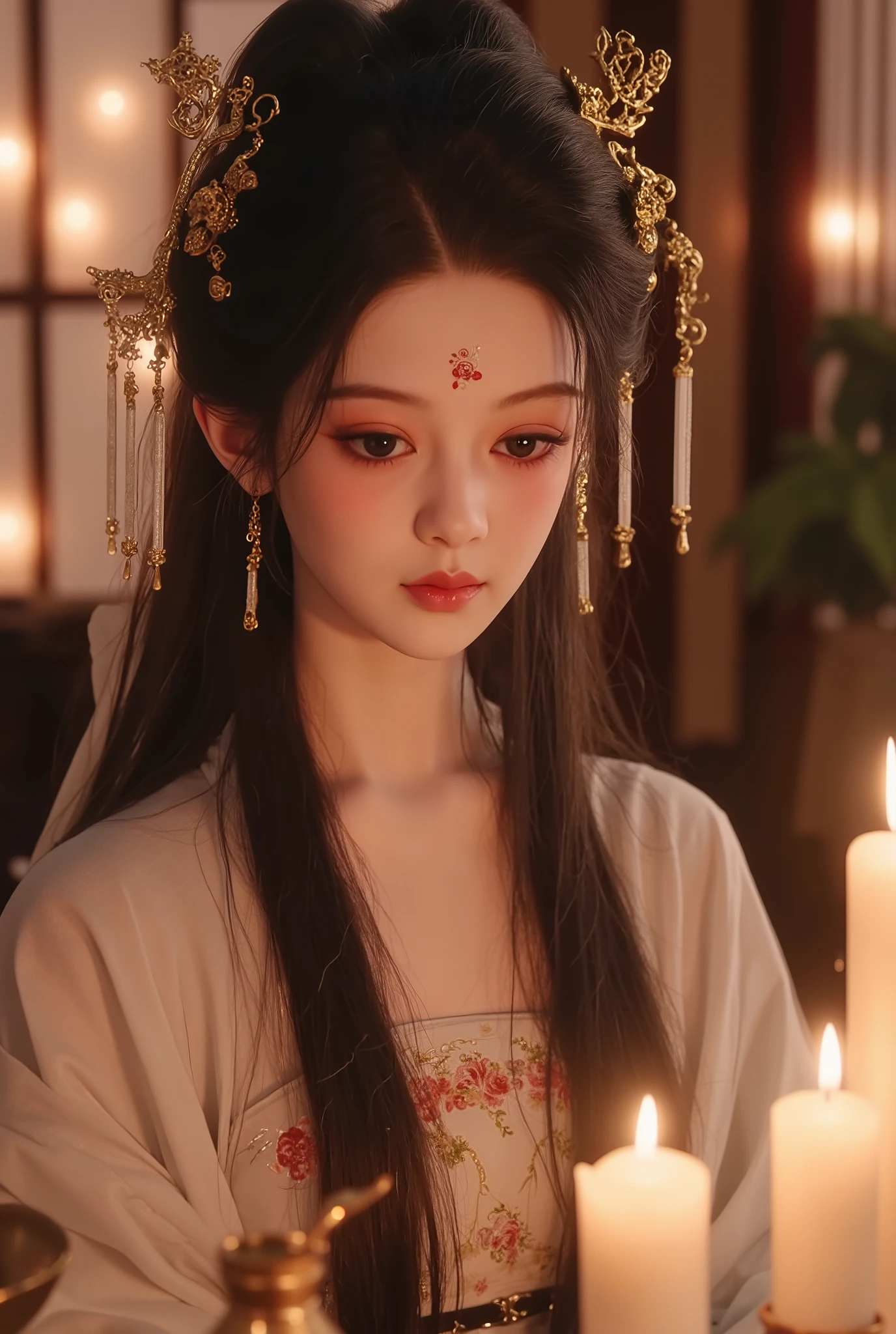 Beautiful girl with long hair wearing antique Chinese dress, big round eyes, famous nose, white skin, cute, sweet, wearing antique Chinese girl jewelry, she is sitting in a room with ancient Chinese utensils, lighting candles instead of using lights.