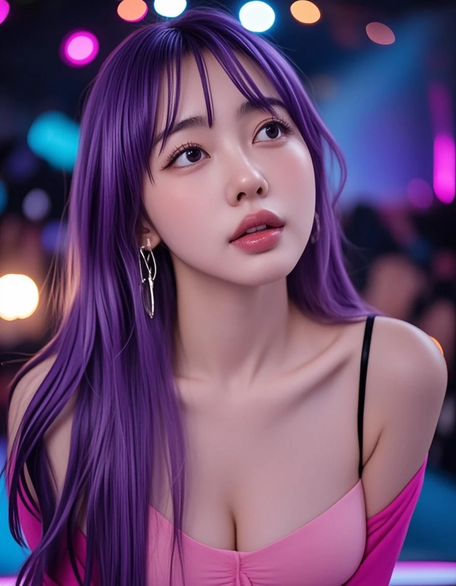 Masterpiece, exquisite, 8k, 1 girl, exquisite long hair, silver | pink | blue hair, exquisite makeup, slogan, eye shadow, eyeliner, laser bikini, Cyberpunk, neon light, blue purple light, shining, (technology city:1.2),swimming_pool, masterpiece, best quality, lying on floor