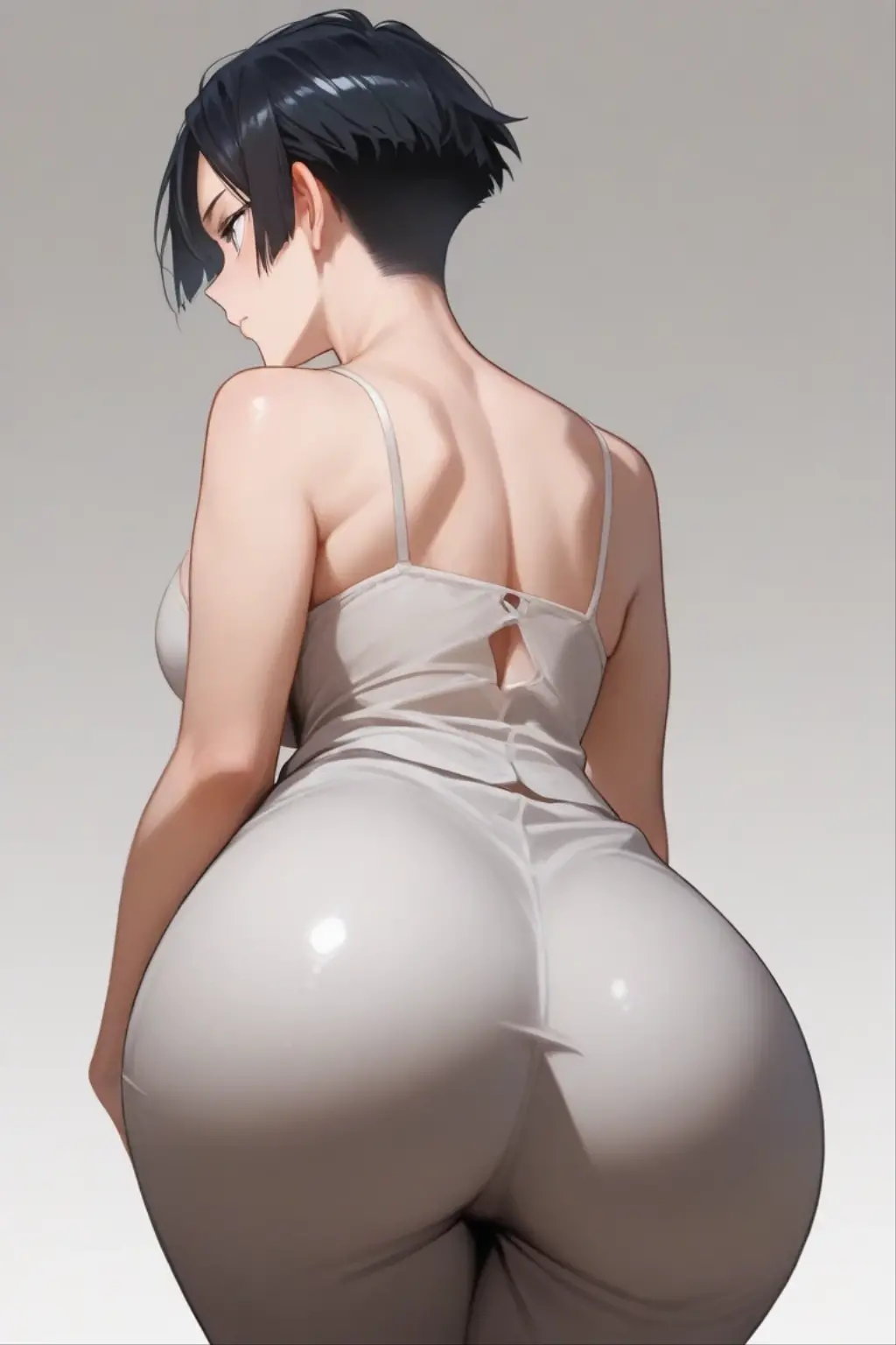 boyish,Very short hair,Black Hair,Large Breasts,Black leotard,High leg,blush,Serious face,blue eyes,forest,Sweat,Full body view,Are standing,