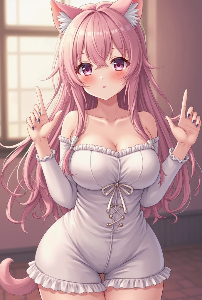 ((A beautiful, light yellow tight dress)), Lace that covers the chest,the most beautiful woman in the world,best style,half up hair,pink hair,pink eyes,(shy smile),big breasts,(luxury cabaret),makeup,Forehead exposed,bracelet,earrings,look up