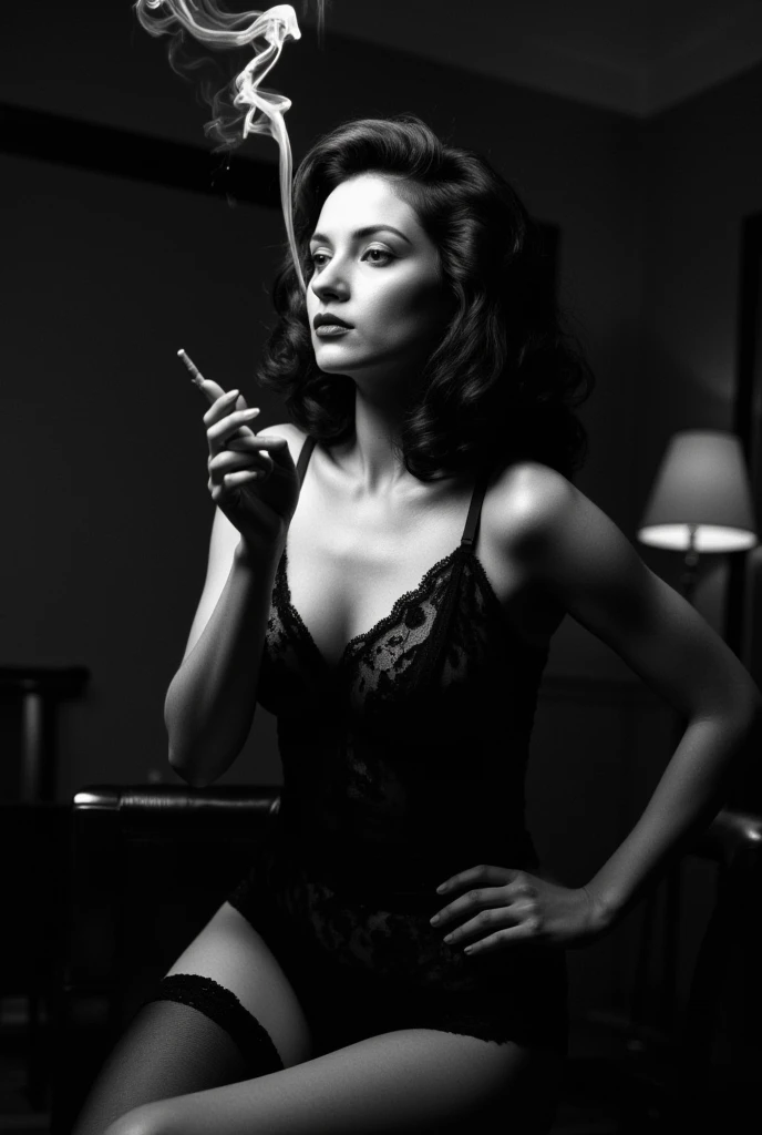 (best quality), (top quality), (dark), (full body), (melancholy), (sadness), (agony), (terror), (horror), (black and white), (realistic photo), (real photo) Dark PIN UP woman in a 1950s house. --auto --s2