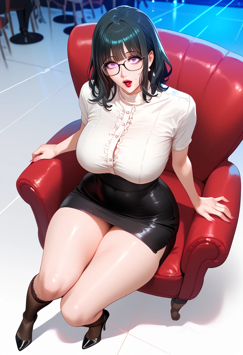 woman wearing thick glasses sitting on a couch, 18 years old goth girl with dark hair in short pigtails, full red lips, nerdy curvy girl with cleavage and a thicc body