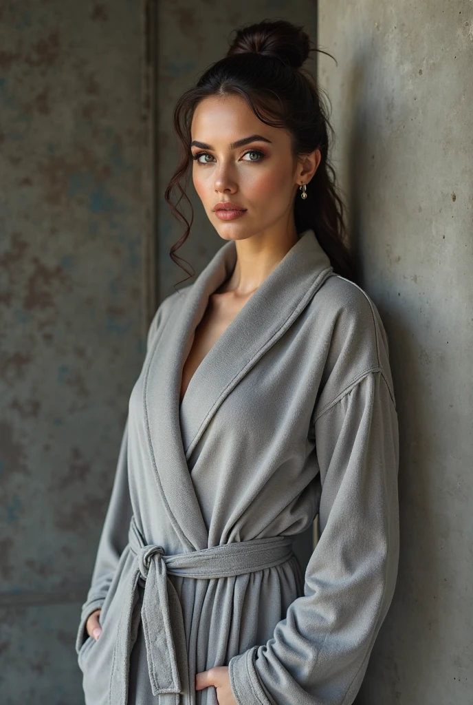 High detail RAW color sensual portrait photo of woman, ((wearing robe,)) (cone hair bun) , realistic, highly detailed, harsh lighting, cinematic lighting, hasselblad, 45 degree, hard light, gigapixel