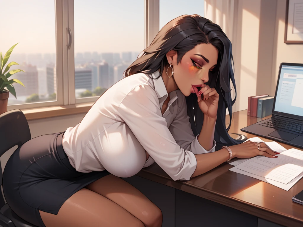 A jaded Singaporean office worker in a black skirt having steamy sex on the desk, nighttime, tanned, ultra high definition, photorealistic, 4K, dim fluorescent lighting, perspiration, sex in pussy with hard cock