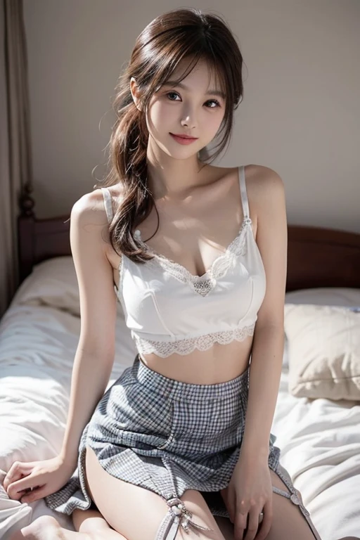 short,camisole, ((knee shot)), fashi-girl, red lips, mature female, makeup, RAW photos,18 year old sexy model, cute young girl, messy hair,smiled shyly, curlies, coiffed blonde hair, Campus style, in class room, sitting on the classroom desk, Fidgeting with her skirt, Thin leg, Pose gracefully, Posing for photos, Random shooting angle, Surprising detail,The content is very detailed, Smooth skin, Warm color palette, Best quality, The content is very detailed, the detail