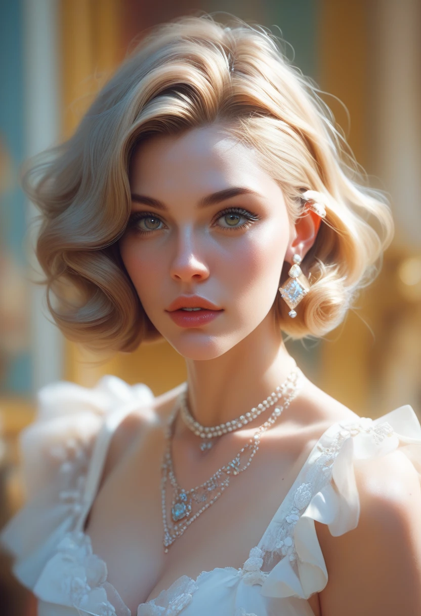 'Glamorous woman from the 1950s, wearing vintage dress, lifting tiara, blue background'
