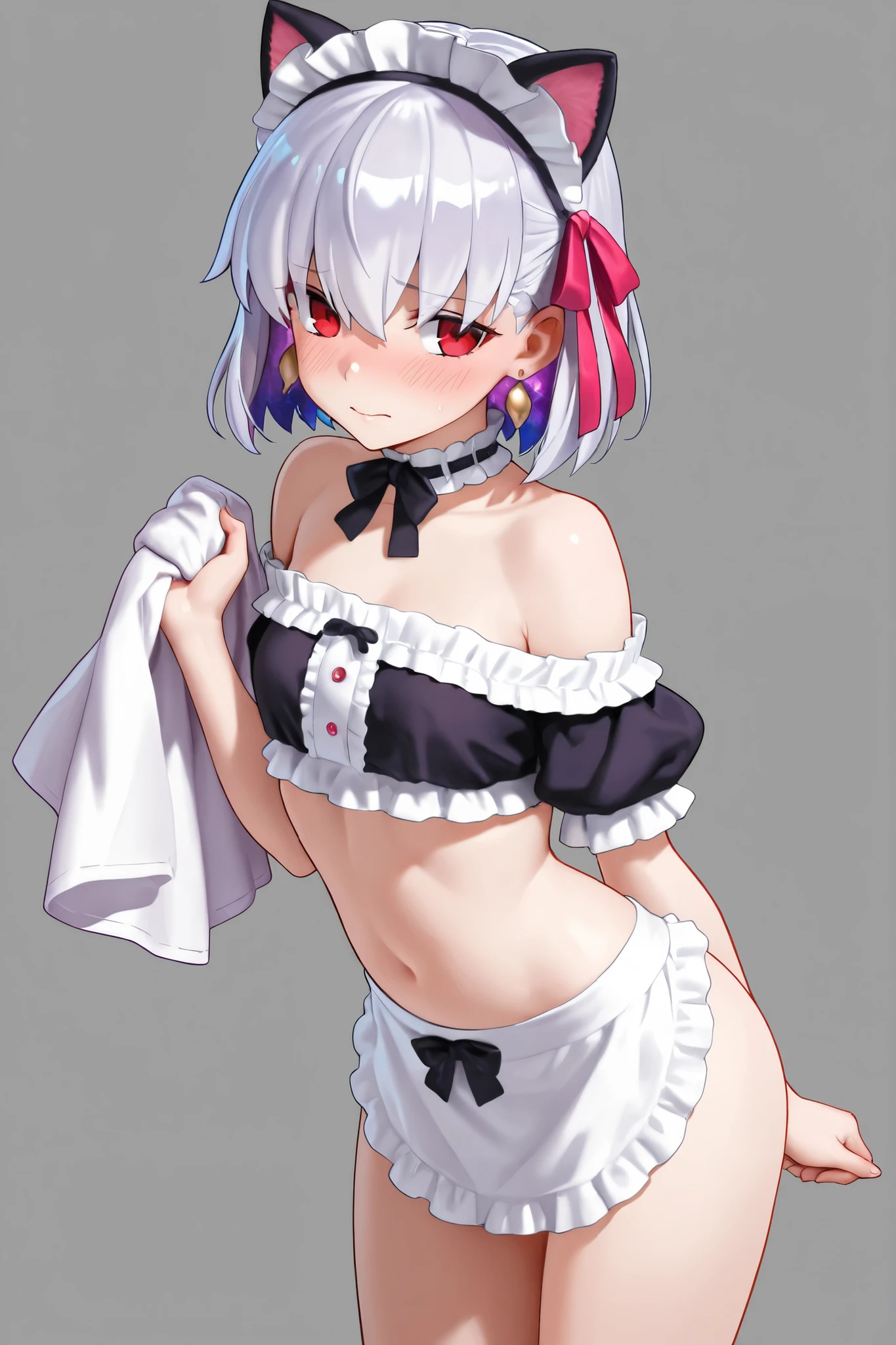 ,, , , flatchest, flat chest,fullbody,head to toe, head to toe capture on the frame, bare feet,white background, ,(masterpiece), best quality ,highly detailed image, 4k resolution, high resolution, extremely detailed, cinematic lighting, 1girl, elf, medium hair, silver hair, crossed bangs, purple eyes, small breasts, pink shirt, pink dress, drastic hair ornaments, skirt, frills, lace rims, frilled sleeves, frilled skirt, thighhigh, ankle boots, yandere, yandere face, shaded face, crazy eyes, glowing eyes, crazy smile, blood, blood on face, blood on clothes, hands on own cheeks
