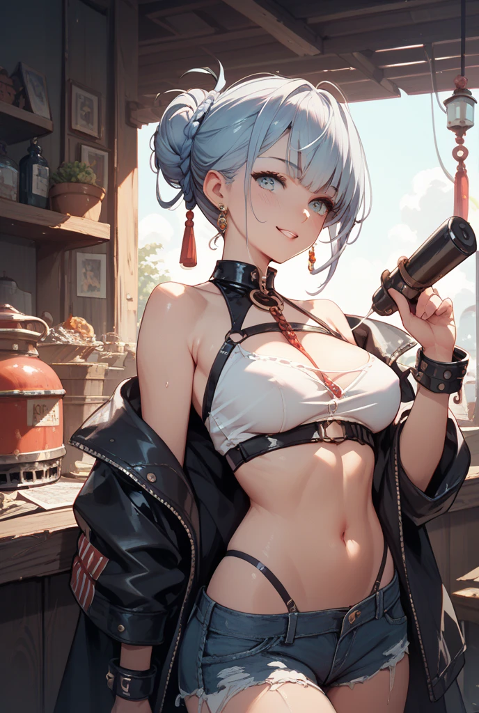 {masterpiece, distinct_image, extremely detailed CG, (extremely detailed fine touch:1.2), (heated iron_light, light rays, dappled light, ray tracing:1.2), beautiful eyes and detailed face,white ink splashing, photo realistic, 4k, 8k, high_resolution,anime style beutiful woman, (perfect_finger:1.8), (beautiful_detailed_eyes:1.3), glitter, red_light, (glow_red_face, front_light:1.3),{1girl, face_focus, looking for_in_viewer, cowboy_shot, dynamic angle, From Below, Angle showing the underboob, standing, (hands_on_waist:1.5)},{adult, (huge_breasts, wide_hip:1.3),thigh_gap, groin, narrow waist, skinny stomach, navel (black cropped tank top, leather welding gloves, retro goggles on top of head, cleavage, tight jeans, black panty thongs:1.7),(white_hair, black_eyes, short_hair, slanted_eyes, bangs, serious expression, empty_eyes, tanned skin, dark skin:1.3), sweat, smith's workshop background}