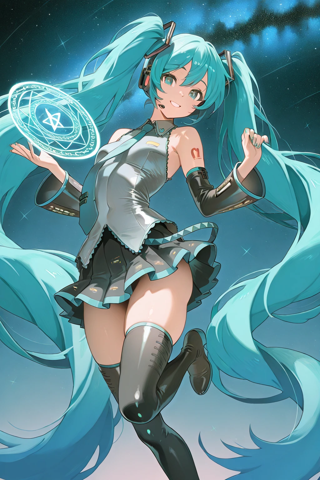 masterpiece, best quality, highres, 1girl, solo, superhero, leotard, bare legs, boots, matching boots, aura, blue aura, sleeveless, gloves, bracelets, matching gloves, looking at viewer, light particles, city backdrop, perfect hands, perfect eyes, powering up, perfect leotard, perfect legs, perfect arms, perfect fingers, light blue and dark green leotard, green hair, aquamarine eyes, medium breasts, long hair, ponytail,