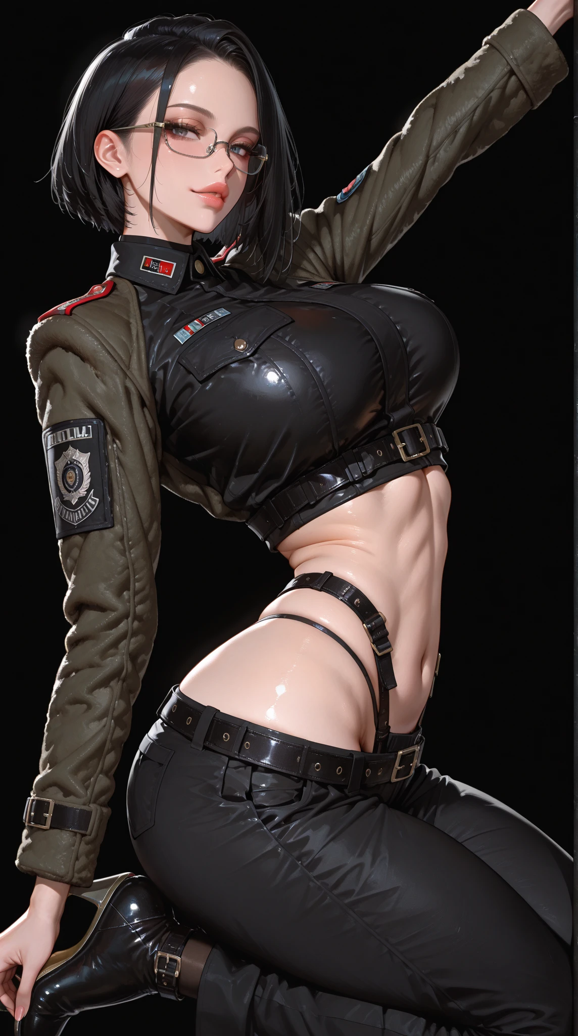 RobocoSan,
1girl, roboco-san, virtual youtuber, solo, brown hair, navel, breasts, mechanical arms, jacket, short hair, camouflage, holding eyewear, android, mechanical legs, glasses, looking at viewer, hair between eyes, black-framed eyewear, gloves, short sleeves, thighs, camouflage jacket, bangs, yellow eyes, midriff, multicolored hair, large breasts, parted lips, eyewear removed, kneeling, blush, eyewear on head,
masterpiece, best quality,
