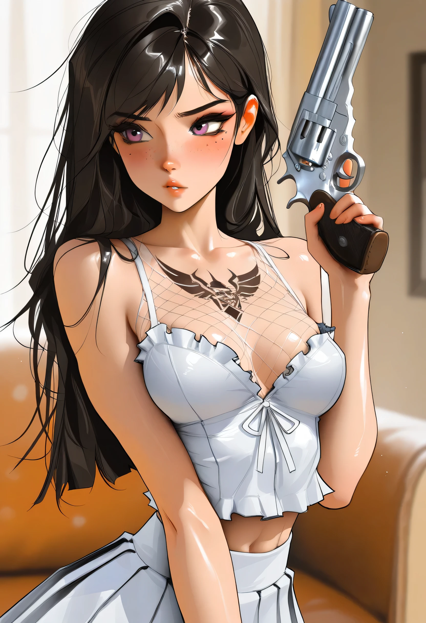 masterpiece, best quality, very aesthetic, movie quality, depth of field, soft saturation, focused subject, ,official style, shiny skin,1girl, long hair, long black hair, pastel pink_eyes, side swept bangs, tattoos, feline eyeliner, e-girl, slender body, chest_tattoo, (M1lkG0re:1.2), ,, medium breasts, , white frilly top, pleated skirt, shirow masamune, sam yang, full-body-tattoos, fishnet stockings, , holding magnum revolver, fine eye makeup, freckles, blush, ((chuuni))