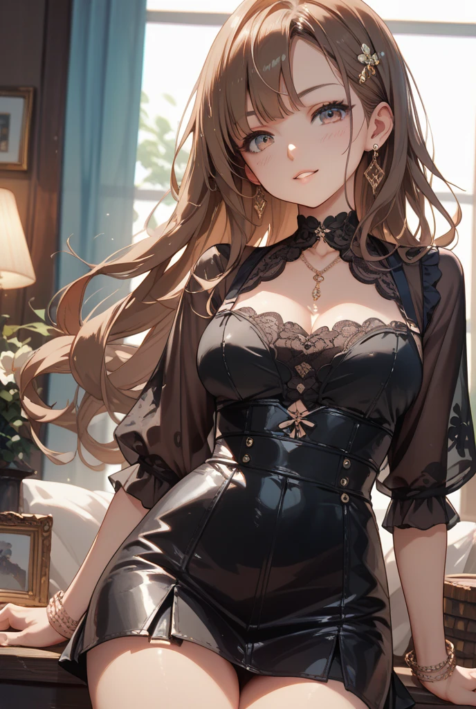 (One lady)、(masterpiece)、(best qualtiy)、(ultra-detailliert)、(a high chroma)、femele、20 years old、Delicate beautiful face、(red blush)、(Wavy long hair、Dark blonde hair)、(dishevled hair)、((Shoulder top))、See-through clothes、(Black stockings)、(Pink lace panties)、(Dark blue pleated skirt)、(teats)、breasts of medium size、((turned around))、(Woman sitting on the floor)、The best lighting、simple background