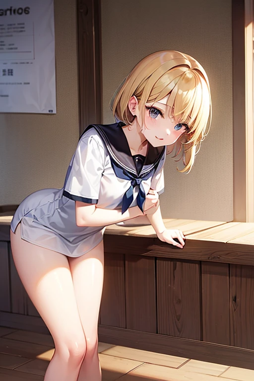 absurdres, (masterpiece, best quality), (ultra-detailed), extremely detailed, super high resolution, (Top Quality photorealistic Illustration), (Super Definition), (best quality,masterpiece:1.0),(cute illustration:1.3), (high Saturation:1.2), highres, ultra-detailed, 32k,8k resolution, intricate details, cinematic scene, detailed background, detailed background,(masutepiece:1.2), (Best Quality:1.2), hyper detailed illustration, beautiful artwork,(Extreme detail CG Unity), (8K Wallpaper)、(exquisite lighting and shadow)、(highly dramatic picture)、(cinematic lens effects),strong light coming in, BREAK (dynamic angle:1.6), (close to viewer:1.6),from below, depth background, in the Poolside, pool, splashing, blue sky, windy, rim light, sunlight, beautiful lighting, strong light, widely, (girly standing:1.3), ((looking at viewer)), BREAK 1 girl, (us1),blonde hair, (purple eyes), ,short hair, short bob cut, (straight hair:1.8), cute girl, (round face:1.6), (baby face:1.6), (kawaii:1.6), (cute:1.6), (loli face:1.6), (round eyes), (ultra-detailed brilliant big eyes), (large pupil), ((shiny skin)), ((pale skin)), (shy), (blush), smile, BREAK (show off nipples:1.8), (sailor uniform lift:1.8), (exposed chest:1.8), (no bra:1.3),medium breasts, (small nipples:1.2), (small areolas:1.2),,(very extremely small panties:1.8),(pussy line:1.3), Big smile