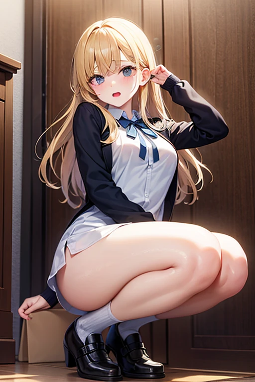 One girl, masterpiece, cute girl, spread legs, looking back, white underwear, bronze hair, long hair, school uniform, white shirt, blue tartan check short skirt, white knee high socks, pussy juice, large breasts, detail, 4k, sexy, good pupil, 4k, detailed
