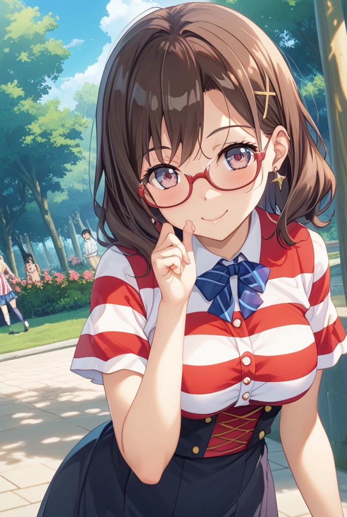 oval_metal, glasses,red-framed,black ponytail,1girl,girly clothes,shiny eyes,looking at viewer,blush,happy,amusement park<lora:oval_glasses_metal-frame1_SDXL_V1:0.7>, masterpiece,ultra detailed,best quality <lora:XDetail_light:1>