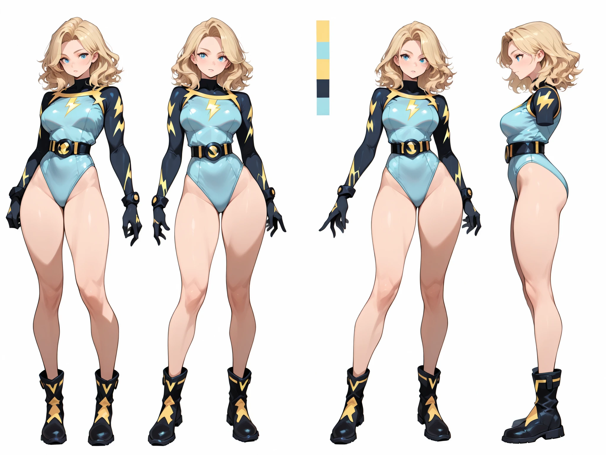 1girl, tall body, light blonde hair, aquamarine eyes, boots, breasts, bracelets, hair ornament, (shoulder-length hair, ponytail, bangs), full body with costume, (leotard, perfect leotard, gymnast outfit leotard, white leotard with blue accents, bare legs), hi-tech shoulder pads, (white boots), medium breasts, perfect hands, complete fingers, perfect anatomy, perfect proportions, solo, solo focus, superhero, ((blue lightning/(logo/) on chest)), beautiful detailed eyes, beautiful detailed face, age 18. Simple background, Multiple Views, Character Sheet Full-Length.